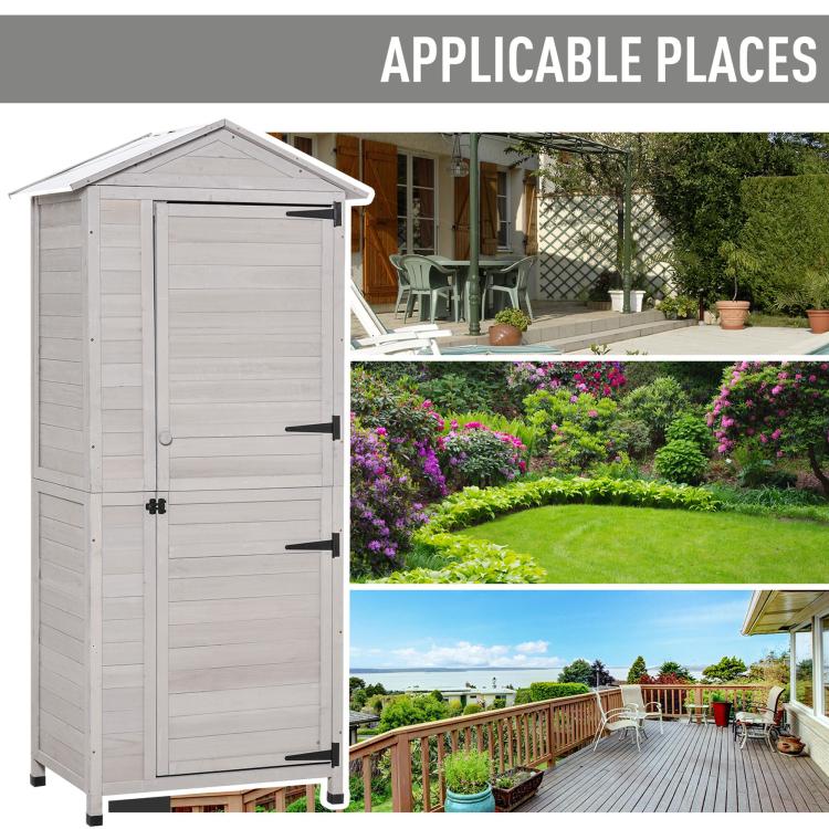 White wooden garden storage cabinet shed with double doors and lockable handles