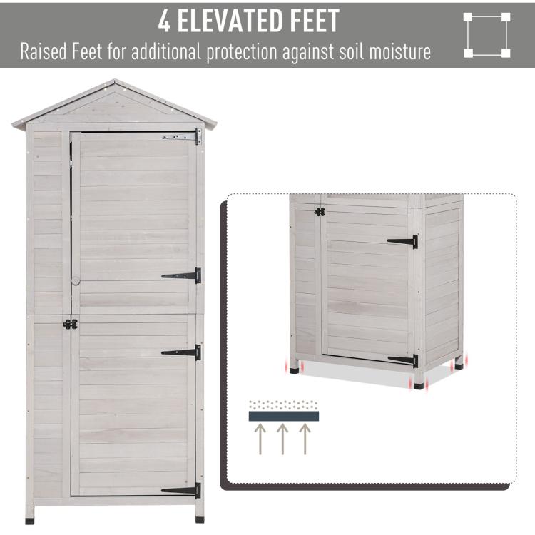 White wooden storage cabinet shed on four elevated corner feet