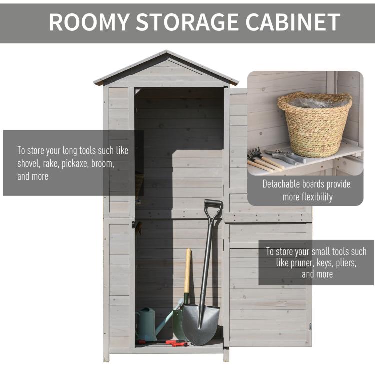 White wooden storage cabinet shed with open doors and multiple interior shelves