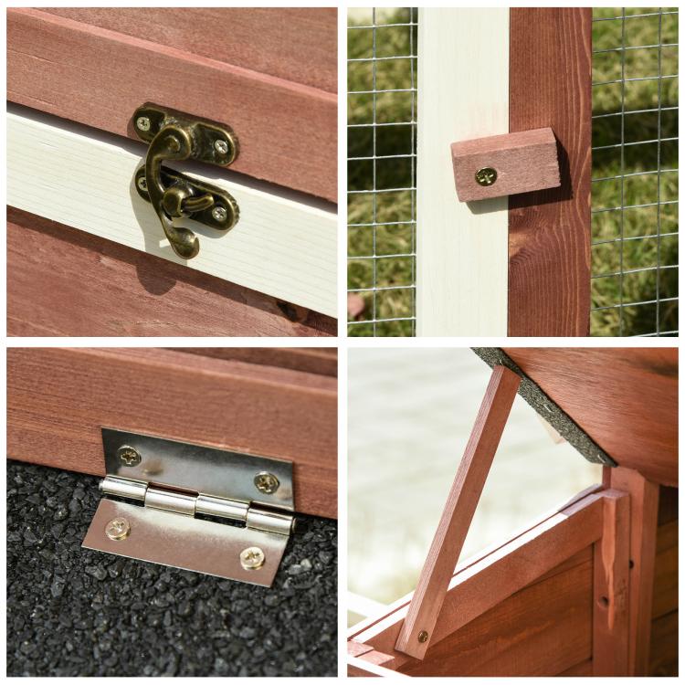 Wooden chicken coop door hinges and latch with metal hardware and wooden ramp