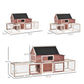 Wooden chicken coop diagram with dual runs, nesting box front door, asphalt roof