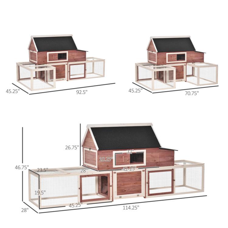 Wooden chicken coop diagram with dual runs, nesting box front door, asphalt roof