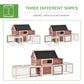 Wooden chicken coop shown in multiple layouts with dark roof and dual fenced runs