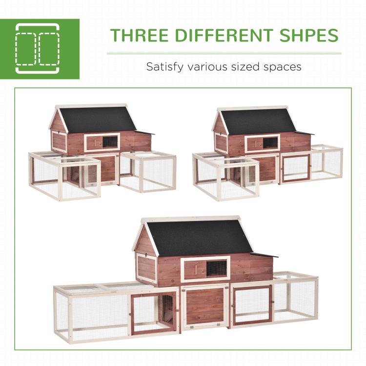 Wooden chicken coop shown in multiple layouts with dark roof and dual fenced runs