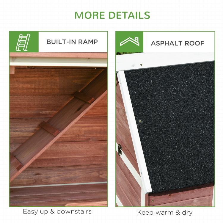 Wooden chicken coop ramp and dark asphalt roof panel detail for warm, dry coverage