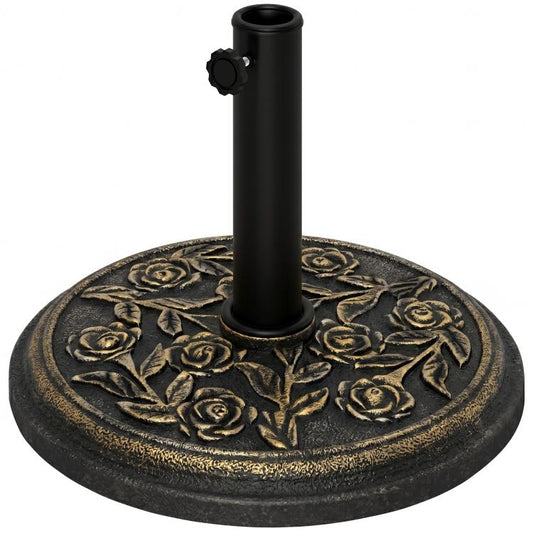 Bronze-tone resin umbrella base with black pole and rose floral medallion