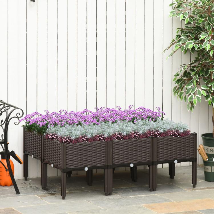 Brown raised garden bed planter box with legs and purple flower row, rattan sides