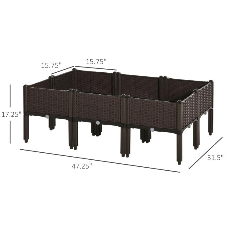 Brown raised garden bed planter box with legs, rattan-style panels, angled corner view