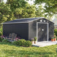 Dark gray metal garden shed with gable roof and double locking doors