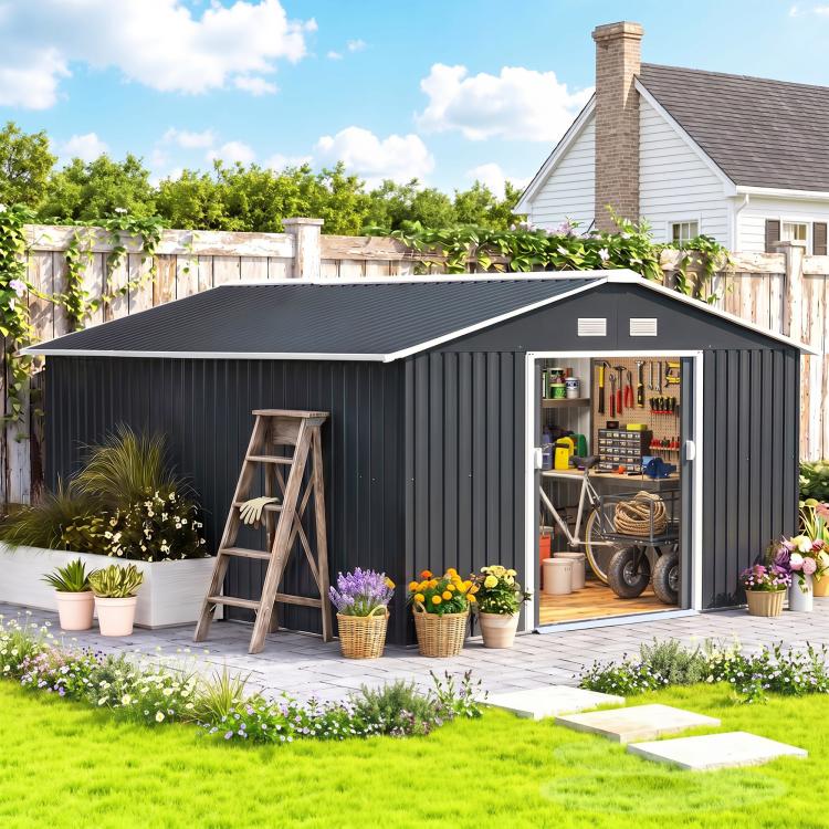 Dark gray metal garden shed with open side door, storage interior visible