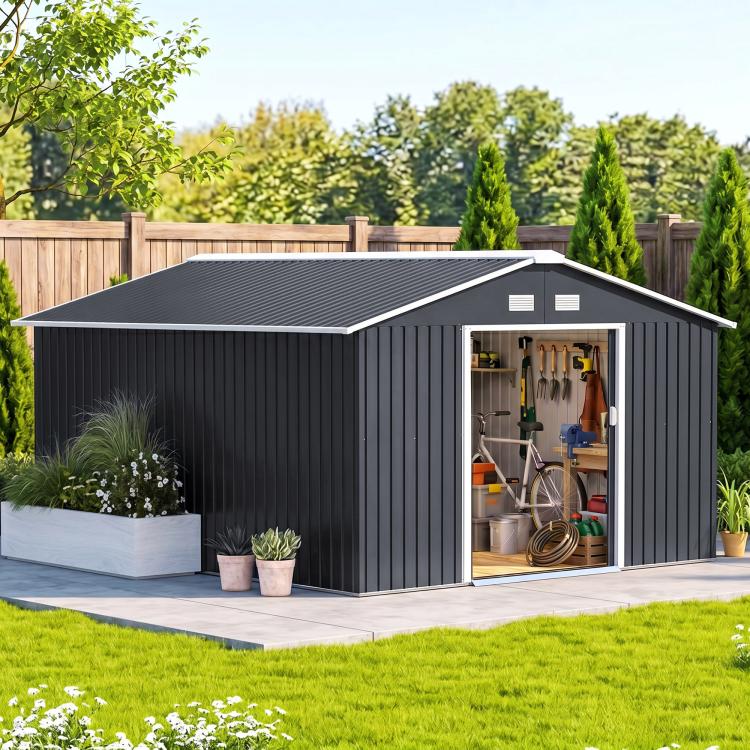 Dark gray metal garden shed with open side door, tools and bike storage