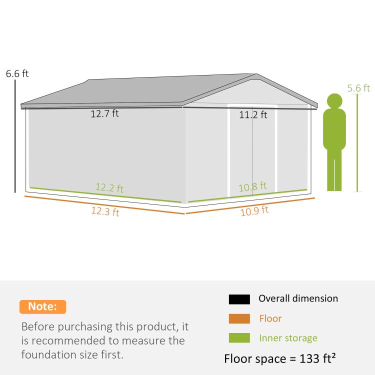 Metal shed size diagram with labeled overall, floor, and inner storage