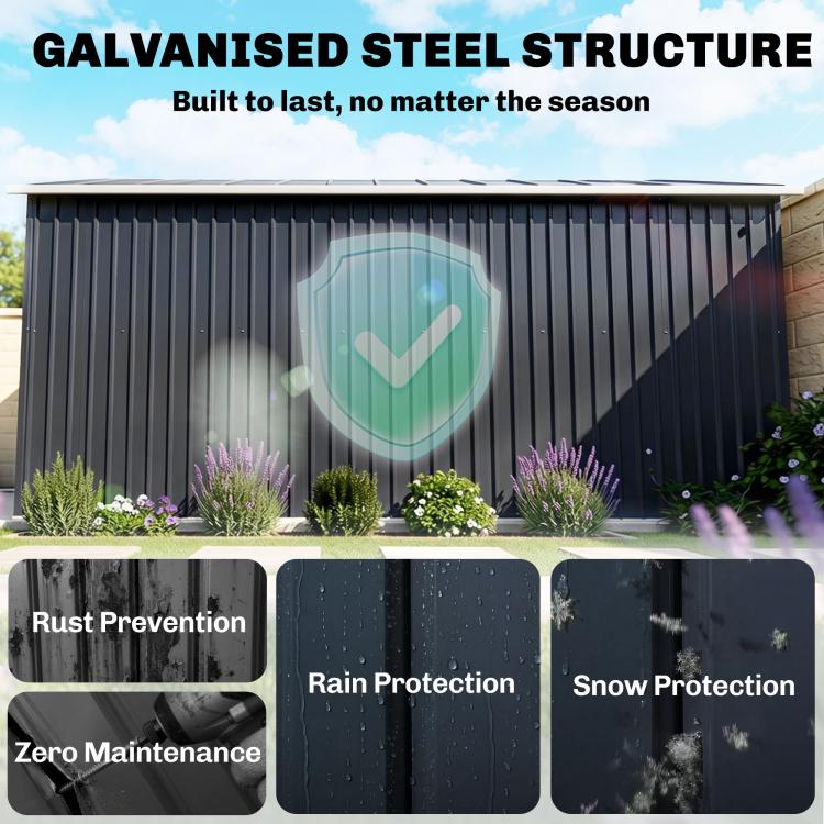 Galvanized steel shed wall with protective coating shield graphic