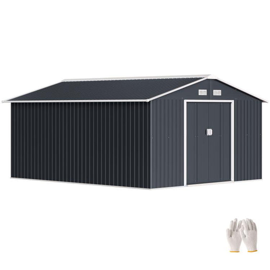 Dark gray metal garden shed with double doors and gable roof
