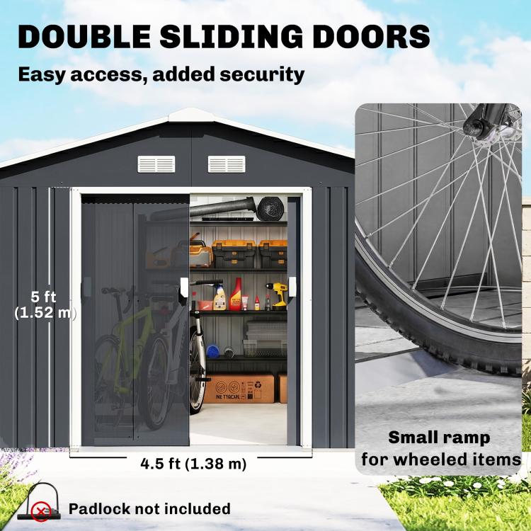Double sliding doors shed illustration with interior storage and wheel access