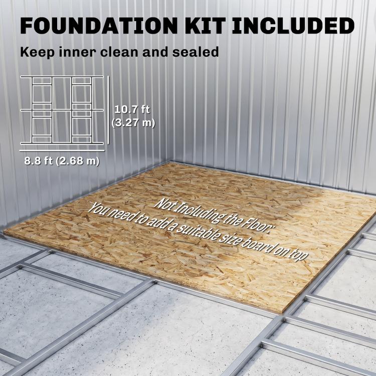 Foundation kit included inside shed base with floor platform on steel frame