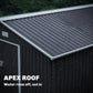 Apex roof of dark metal shed with drainage edge and corrugated panels