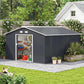 Dark gray metal garden shed with double doors open to workshop tools