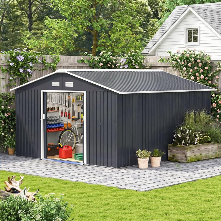 Dark gray metal garden shed with double doors open to workshop tools