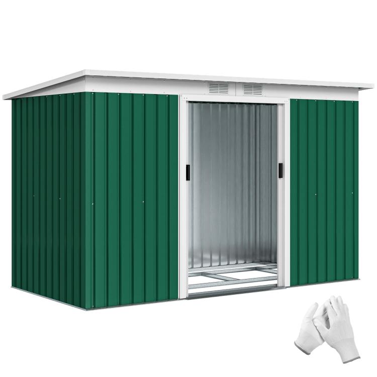 Dark green metal outdoor storage shed with double doors, open doorway view