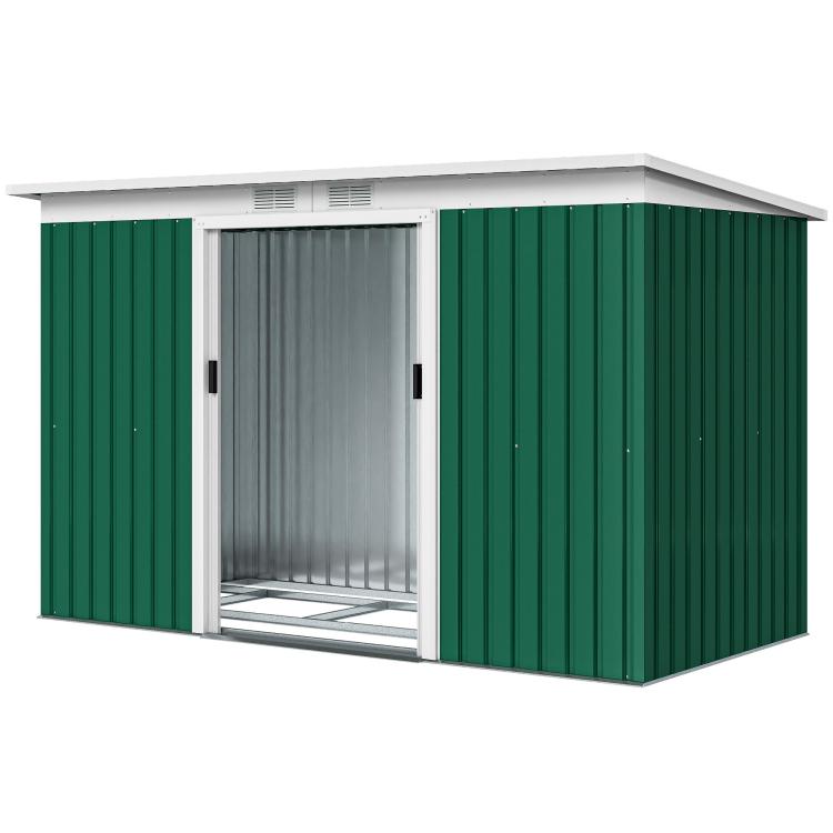 Dark green metal storage shed with double doors open, front corner view