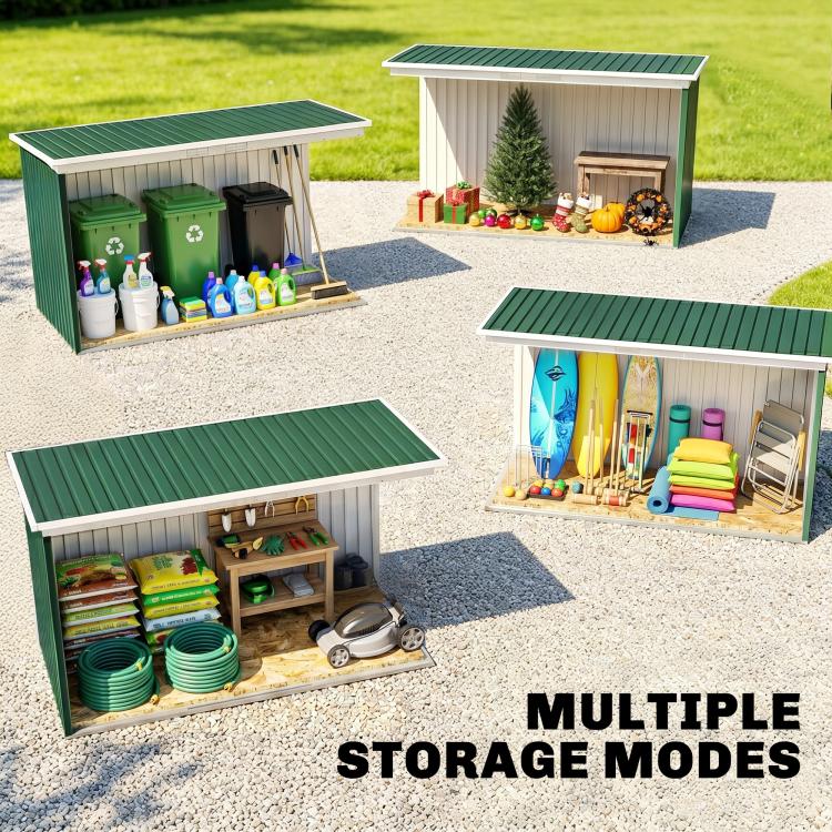 Dark green metal storage shed, double doors open to reveal shelves and tools