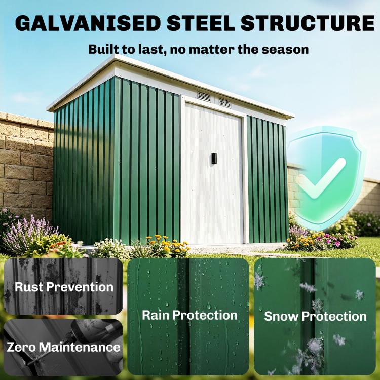 Dark green metal outdoor storage shed with galvanized steel structure, door closed