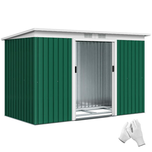 Dark green metal outdoor storage shed with double doors, open doorway view