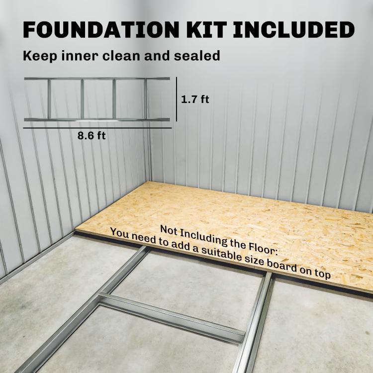 Metal storage shed foundation kit diagram showing frame supports and base area