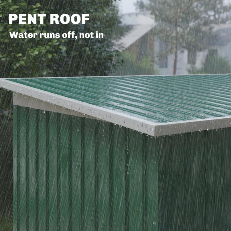 Pent roof metal storage shed close-up with rain-shedding edge