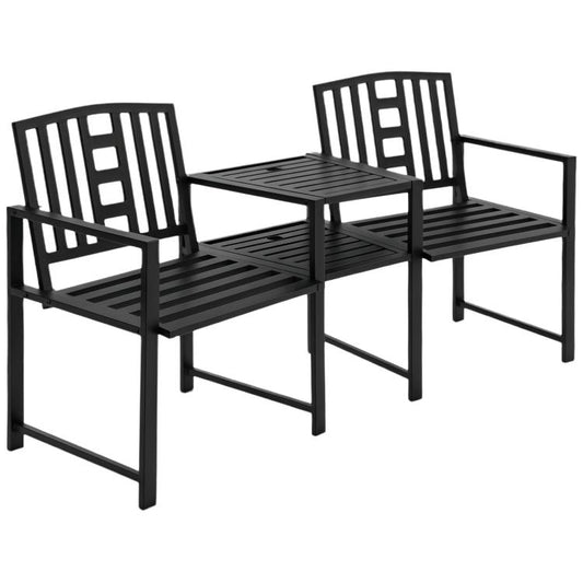 Black metal 2-person outdoor bench with slatted seats and middle coffee table
