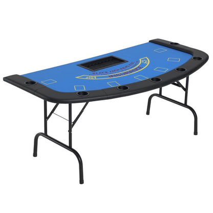 Foldable blackjack poker table with blue felt, card shoe, and cup holders