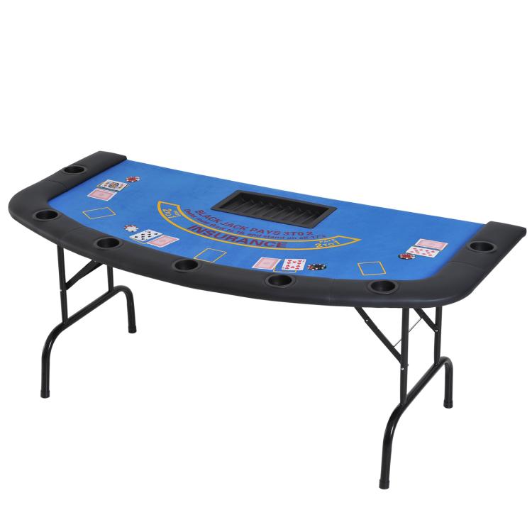 Foldable blackjack poker table with blue felt and built-in cup holder rings