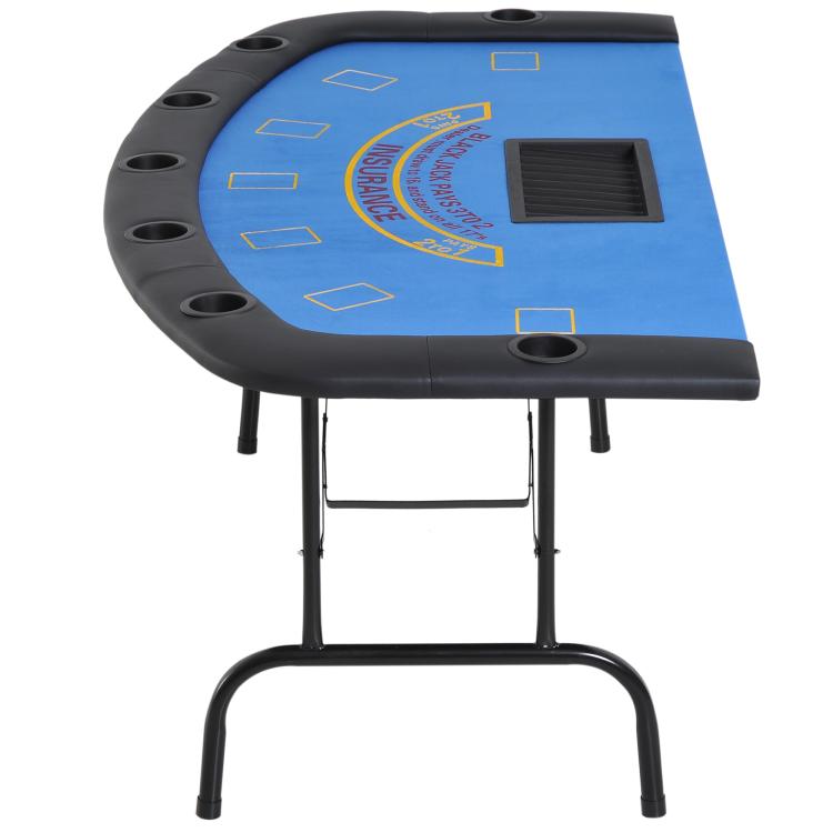 Foldable blackjack/poker table with blue felt, molded cup holders, and folding legs