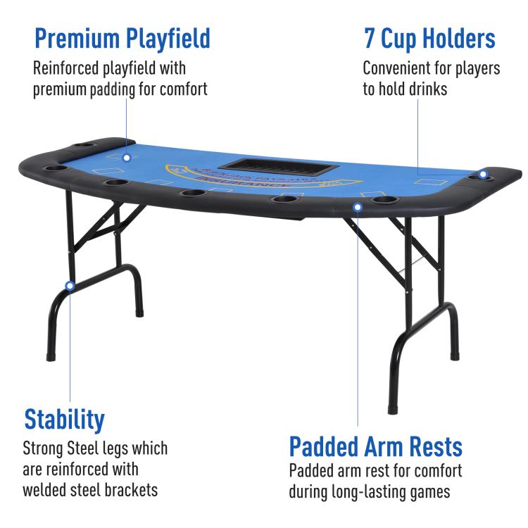 Foldable blackjack poker table with blue felt, 7 cup holders, and padded arm rests