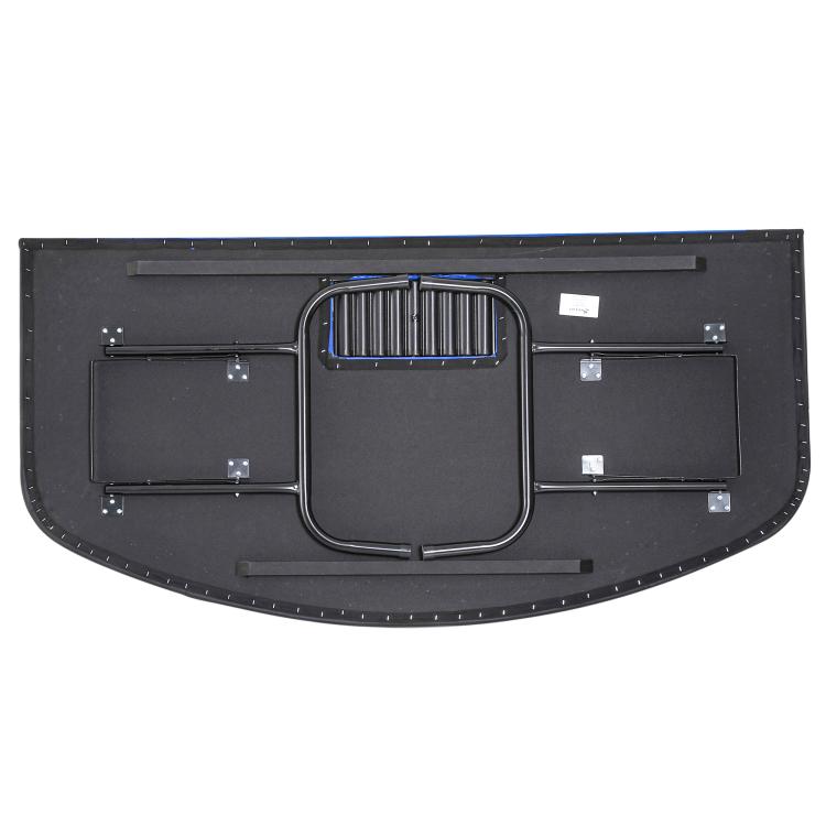 Foldable poker table underside with reinforced storage panels and card tray handle