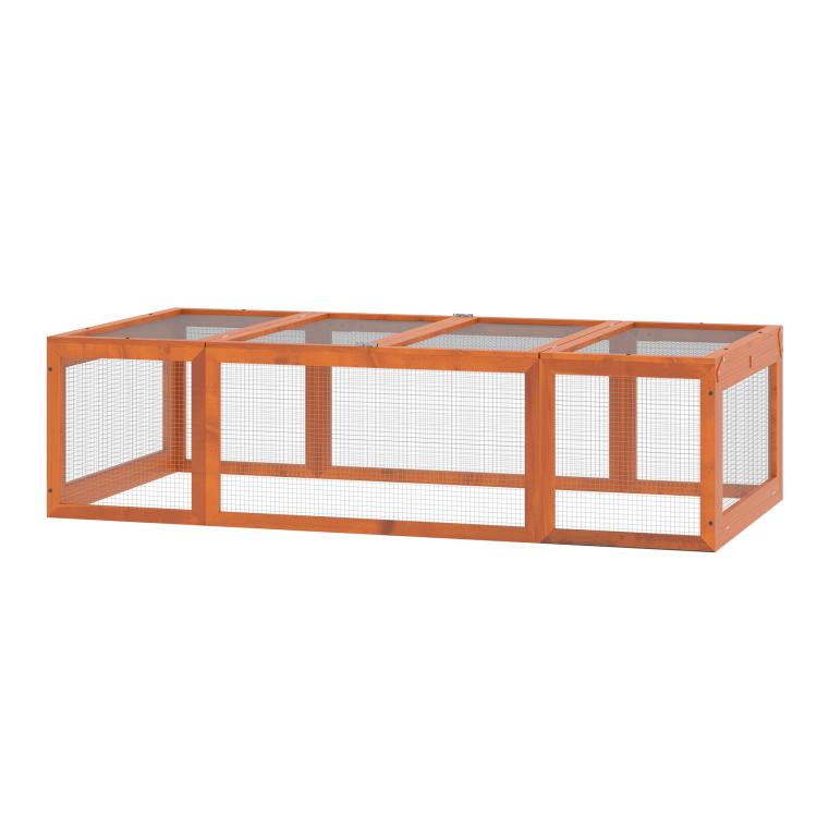 Rabbit hutch wooden outdoor enclosure with wire mesh sides and open frame roof