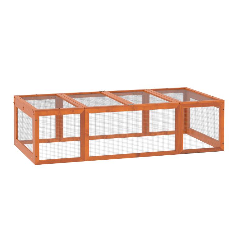 Natural wooden rabbit hutch with rectangular run and wire mesh panels