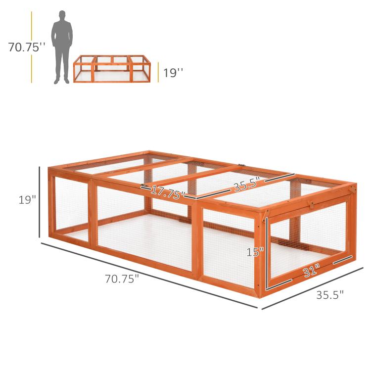 Wooden rabbit hutch enclosure with wire mesh walls, size diagram view
