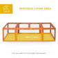 Wooden rabbit hutch with wire mesh walls and open yellow tray base
