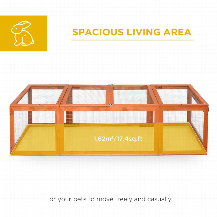 Wooden rabbit hutch with wire mesh walls and open yellow tray base