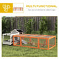 Wooden rabbit hutch enclosure in grass yard with wire mesh sides