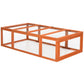 Wooden rabbit hutch enclosure with wire mesh panels and front access frame