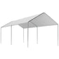 White carport canopy with galvanized steel legs and pitched roof, open sides