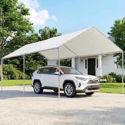 White carport canopy shelter over a parked SUV in a driveway