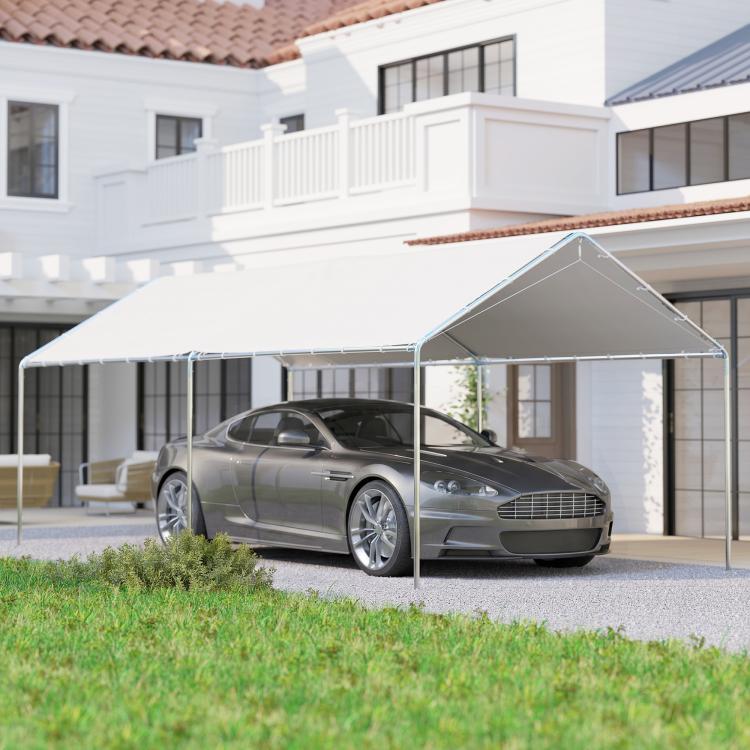 White carport canopy with galvanized frame covering a parked sedan