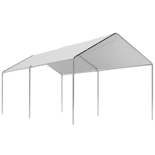 White heavy-duty carport canopy with galvanized steel frame and vertical support legs
