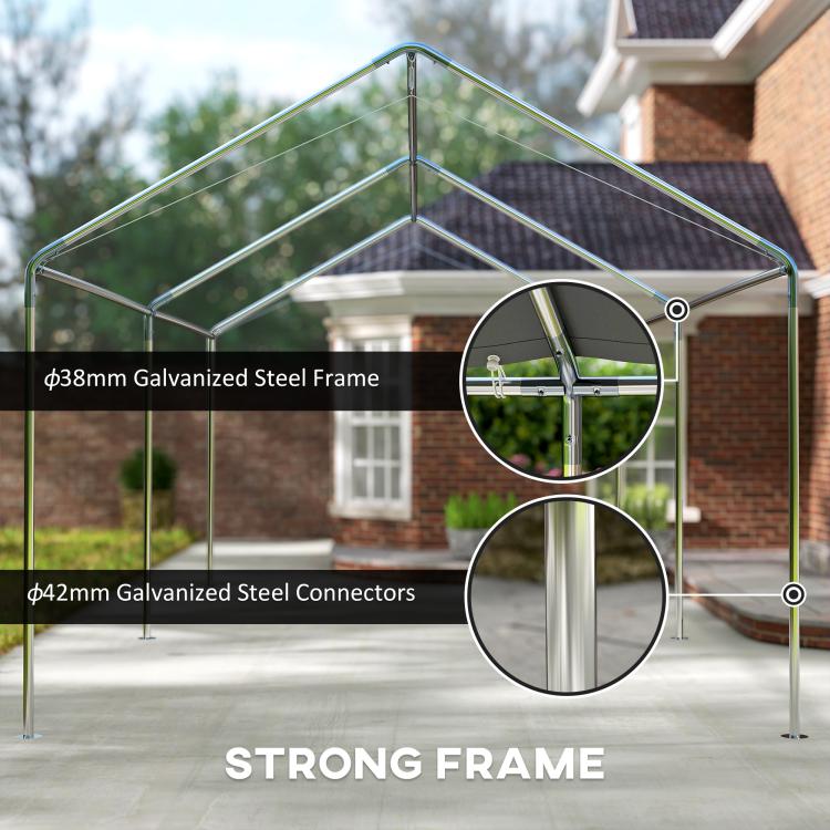 Galvanized steel frame and connectors for a white carport canopy