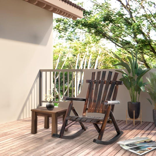Brown wooden rocking chair on porch with high slatted backrest and armrests