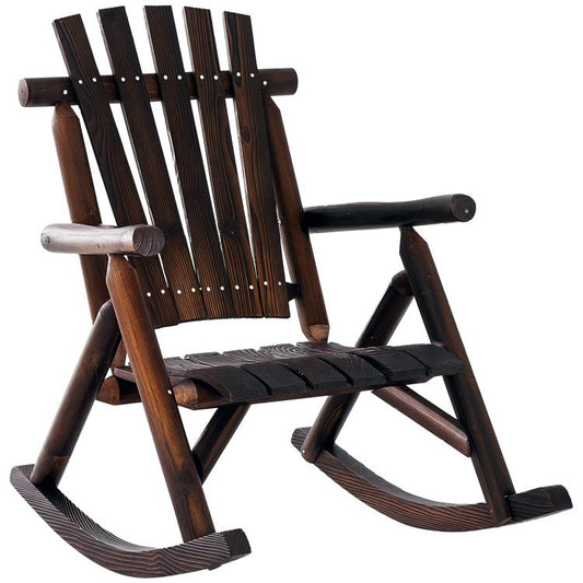 Brown wooden rocking chair with high slatted backrest, armrests, and slatted seat